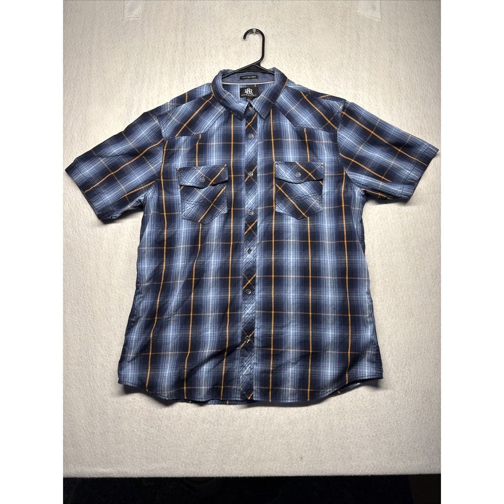 Rock & Republic Mens XL Blue Orange Plaid Short Sleeve Western Button Down Shirt